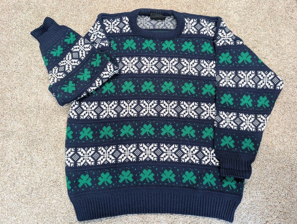 Fair Isle Emerald Isle Knit Sweater Large Shamrock St Patricks Day Navy Blue